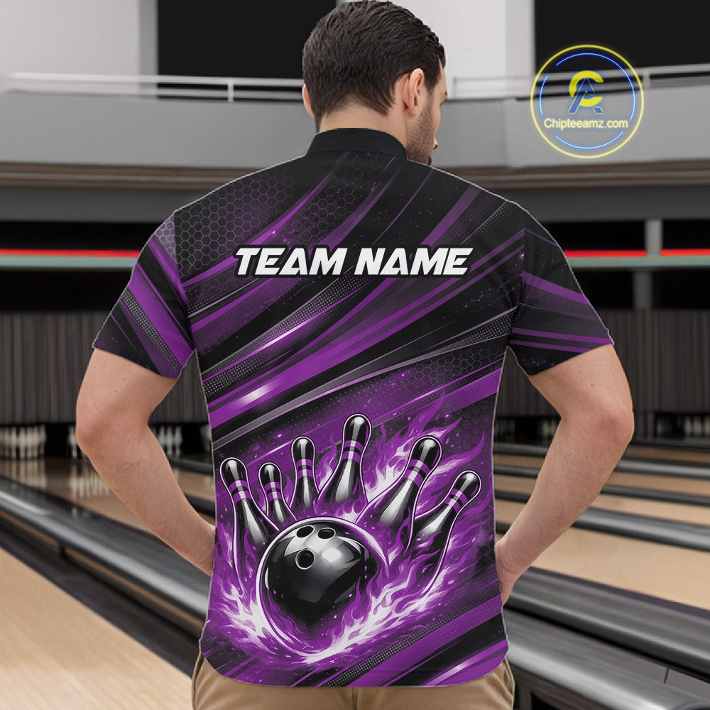 Custom Purple Fire Flame Bowling Team Quarter-Zip Shirt, Bowling League Shirt