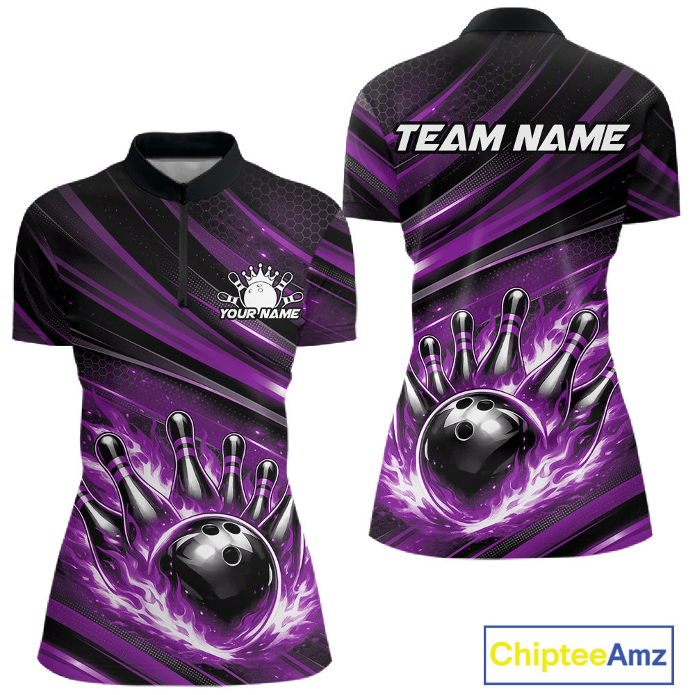 Custom Purple Fire Flame Bowling Team Quarter-Zip Shirt, Bowling League Shirt