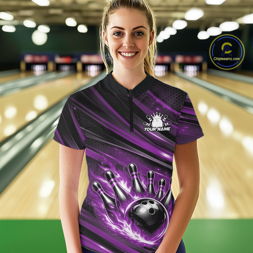 Custom Purple Fire Flame Bowling Team Quarter-Zip Shirt, Bowling League Shirt