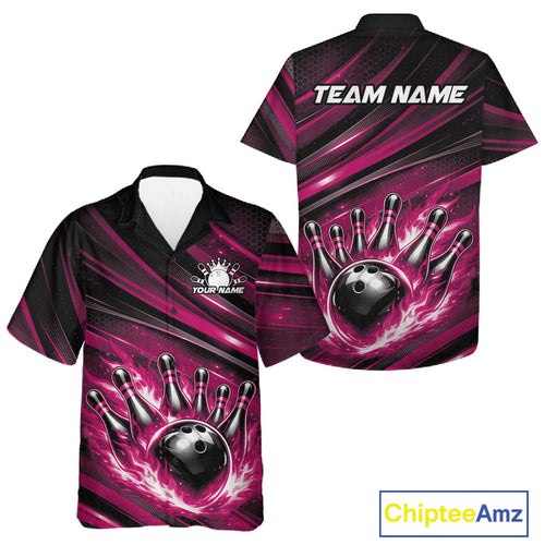 Custom Pink Fire Flame Bowling Team And Hawaiian Shirt, Bowling League Shirt
