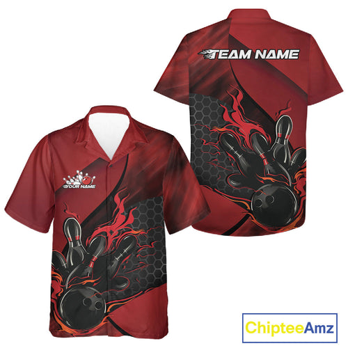 Custom Red Flame Bowling Team And Hawaiian Shirt, Bowling League Shirt Bowler Outfits