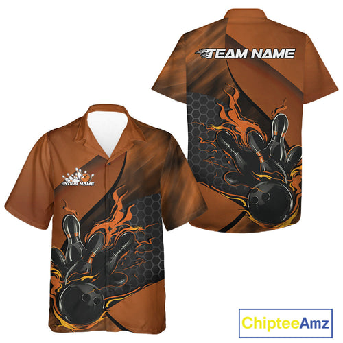Custom Orange Flame Bowling Team And Hawaiian Shirt, Bowling League Shirt Bowler Outfits