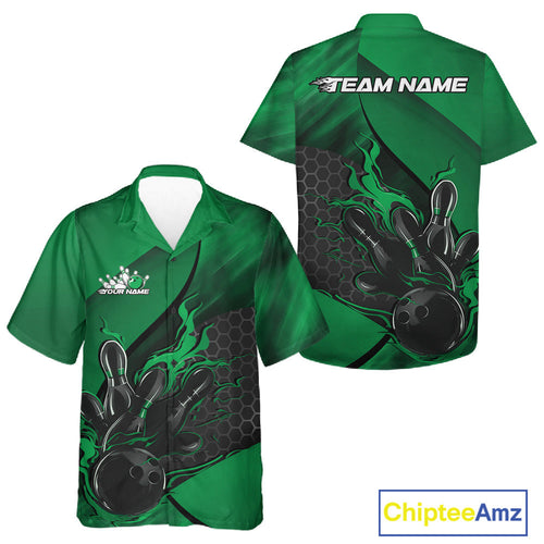 Custom Green Flame Bowling Team And Hawaiian Shirt, Bowling League Shirt Bowler Outfits