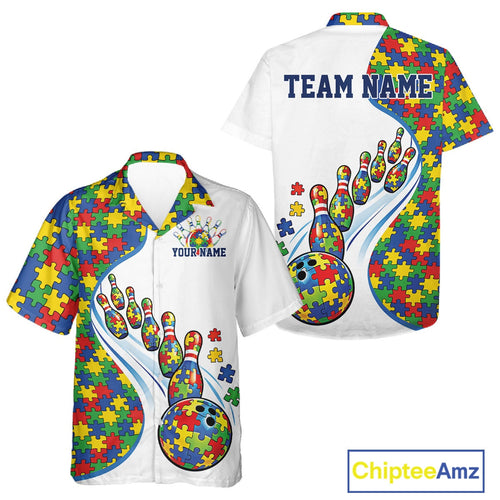 Custom Colorful Puzzles Autism Awareness Bowling And Hawaiian Shirt, Autism Acceptance Shirt