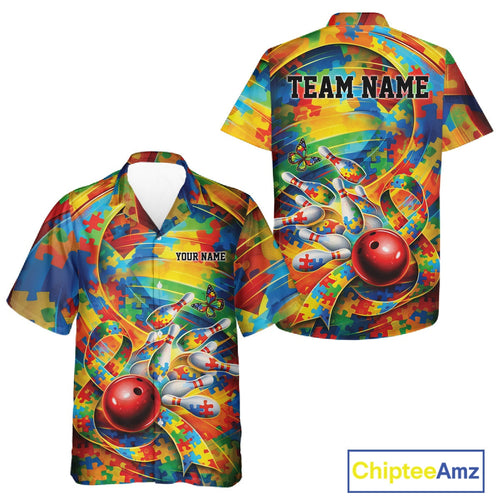 Custom Colorful Autism Awareness Bowling Team And Hawaiian Shirt, Puzzles Bowling Shirt