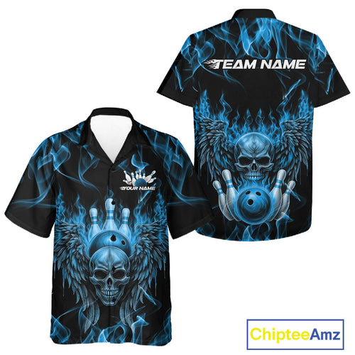 Custom Black And Blue Flame Skull With Wings And Bowling Shirt, Halloween Team Shirt