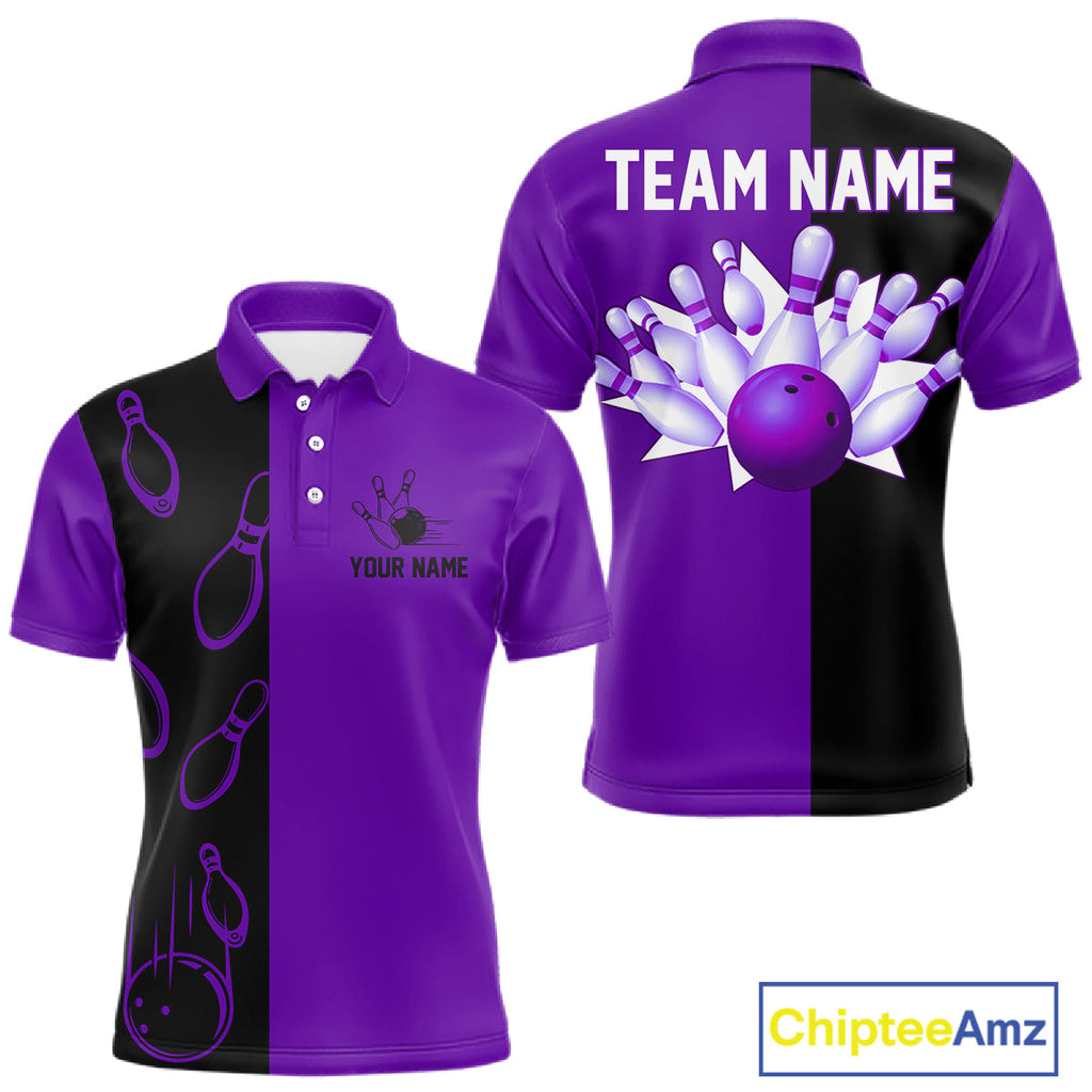Purple and Black retro vintage Bowling polo, quarter zip shirts custom Bowling team jerseys