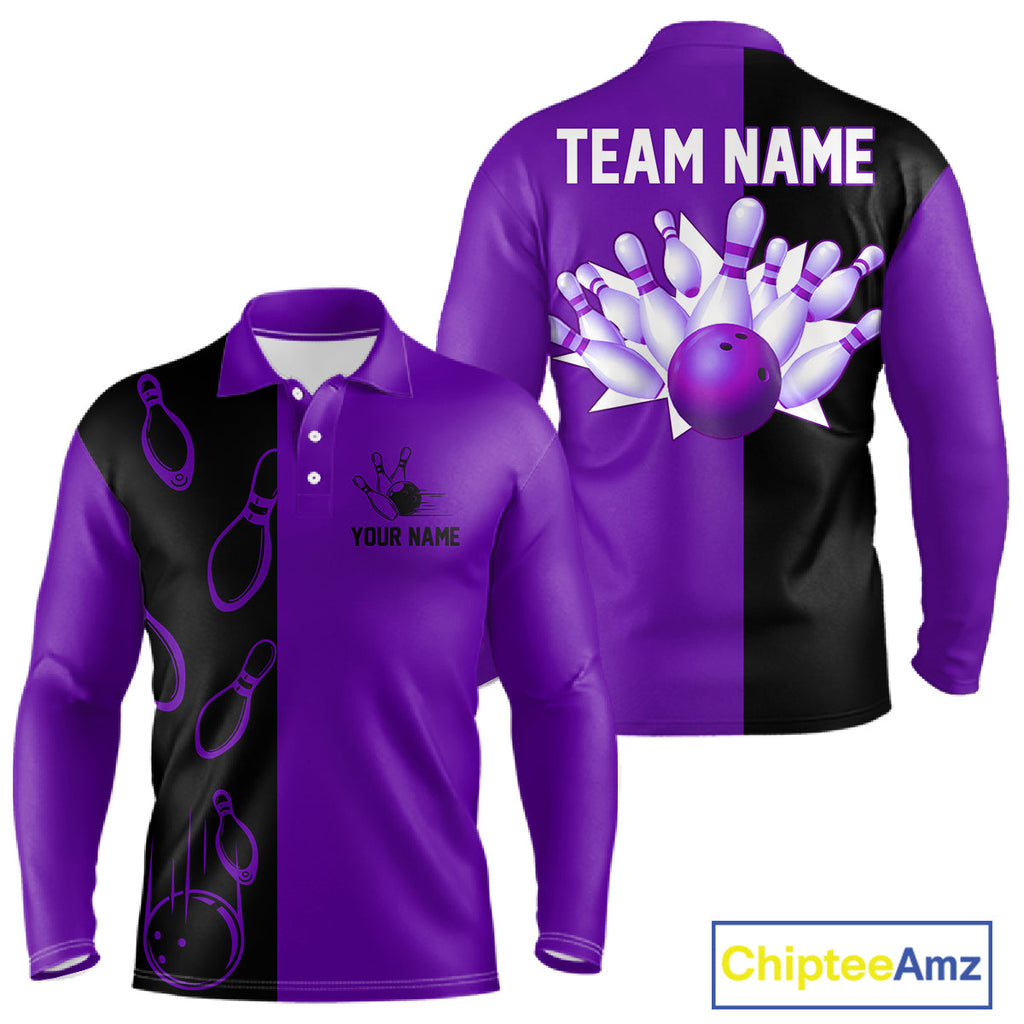 Purple and Black retro vintage Bowling polo, quarter zip shirts custom Bowling team jerseys