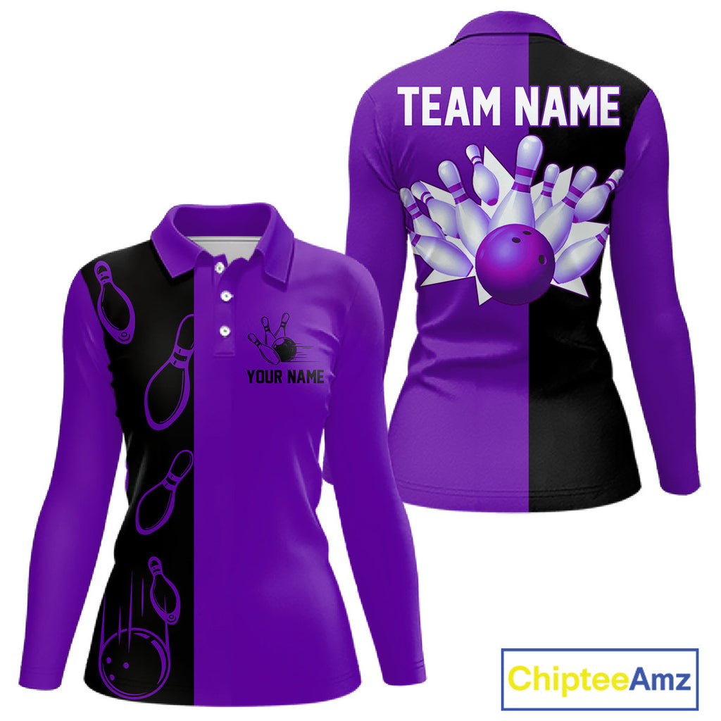 Purple and Black retro vintage Bowling polo, quarter zip shirts custom Bowling team jerseys