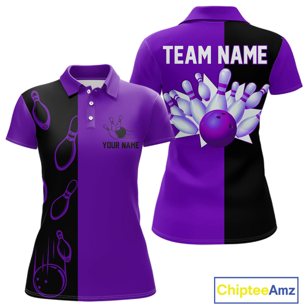 Purple and Black retro vintage Bowling polo, quarter zip shirts custom Bowling team jerseys