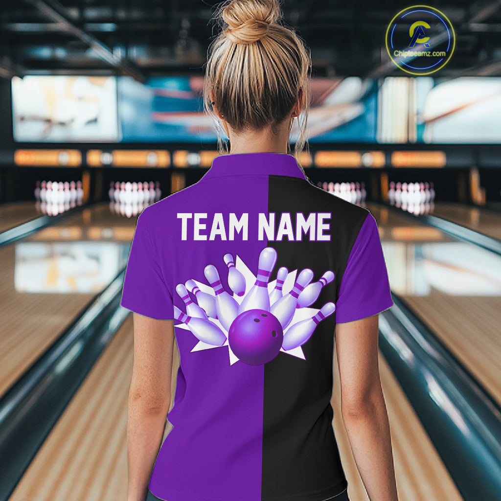 Purple and Black retro vintage Bowling polo, quarter zip shirts custom Bowling team jerseys