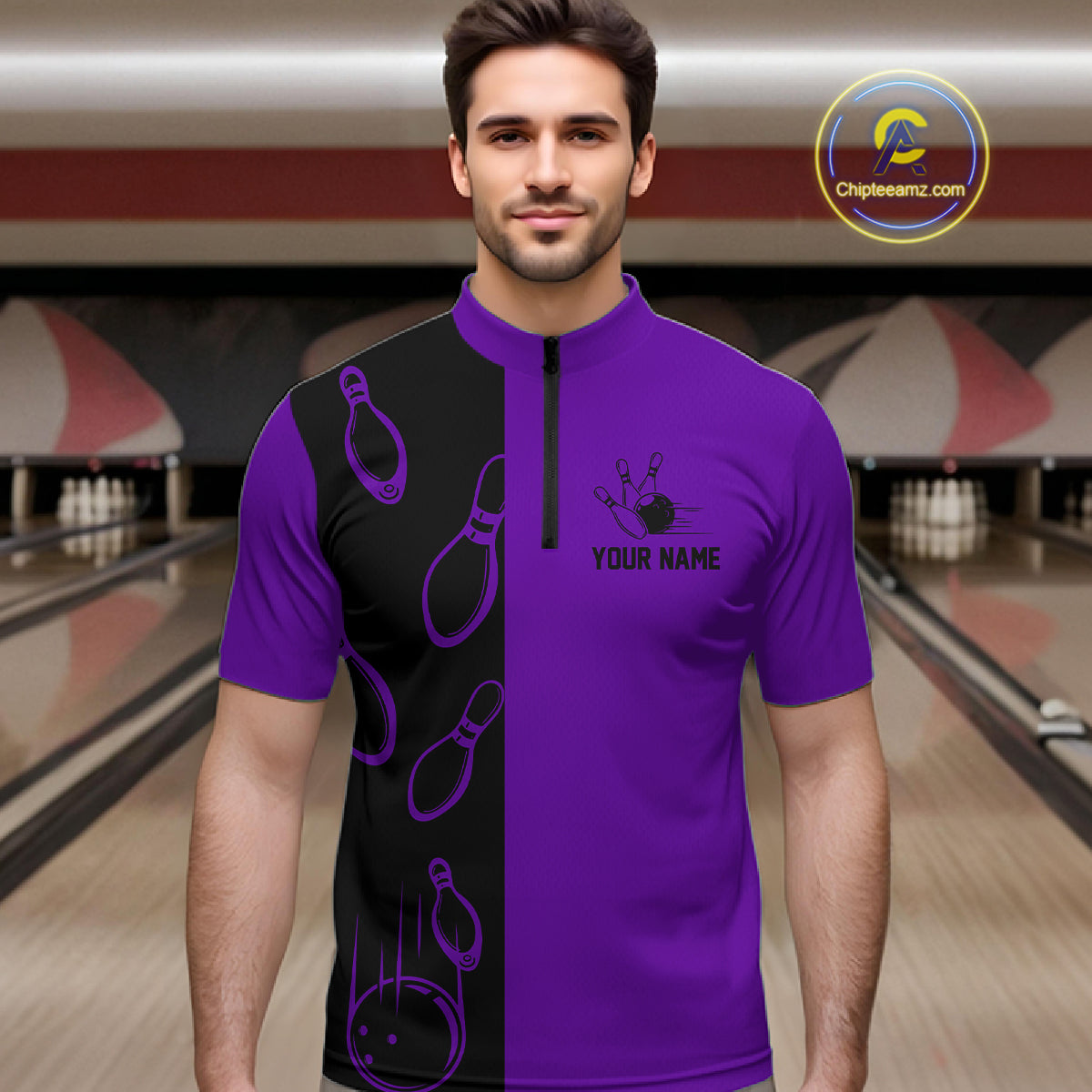 Purple and Black retro vintage Bowling polo, quarter zip shirts custom Bowling team jerseys
