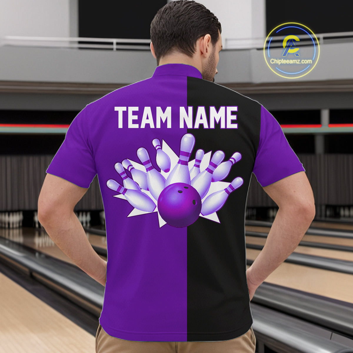 Purple and Black retro vintage Bowling polo, quarter zip shirts custom Bowling team jerseys