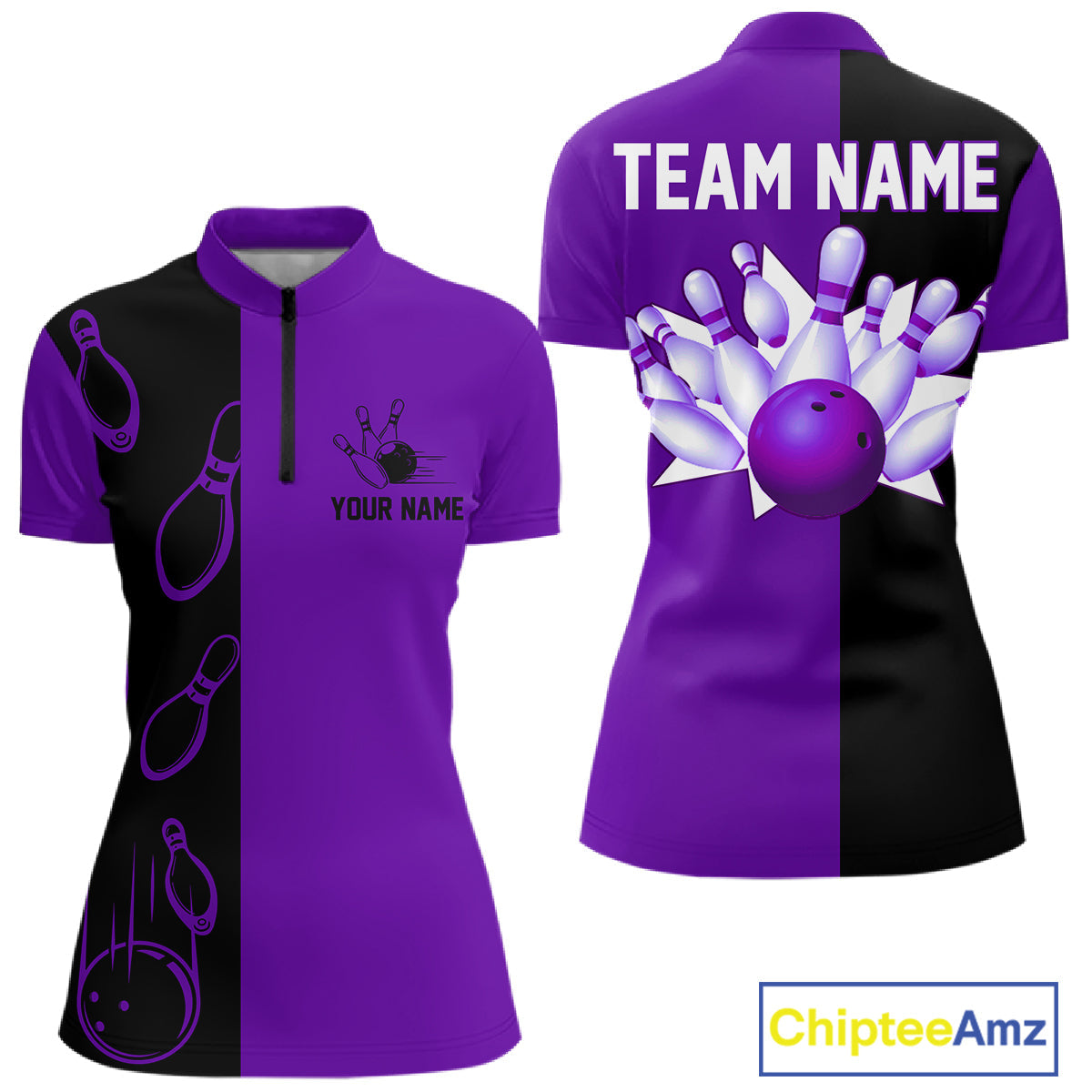 Purple and Black retro vintage Bowling polo, quarter zip shirts custom Bowling team jerseys