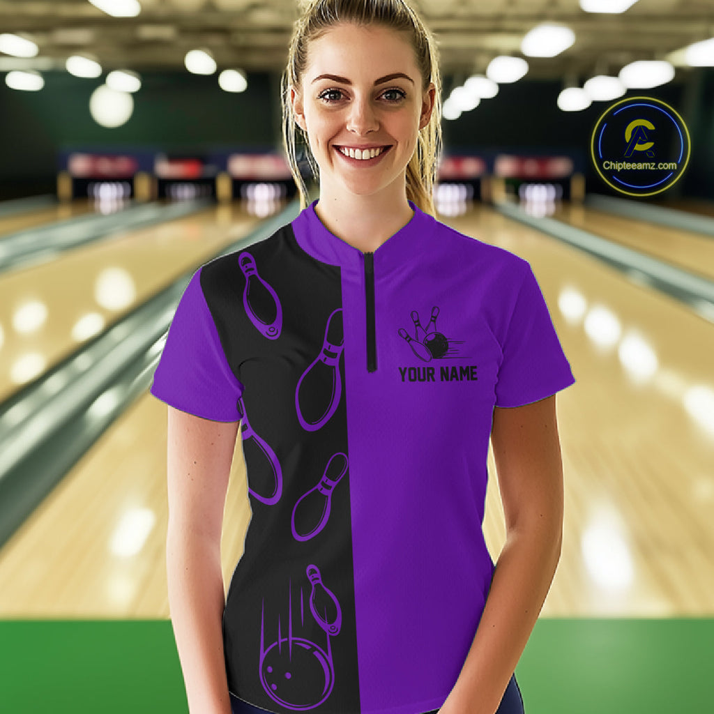 Purple and Black retro vintage Bowling polo, quarter zip shirts custom Bowling team jerseys