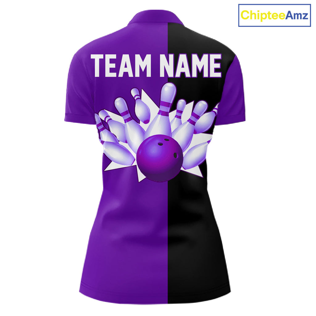 Purple and Black retro vintage Bowling polo, quarter zip shirts custom Bowling team jerseys
