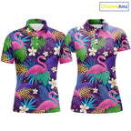 Colorful floral flamingo pattern tropical leaves matching golf polos for couples Custom Valentine gift