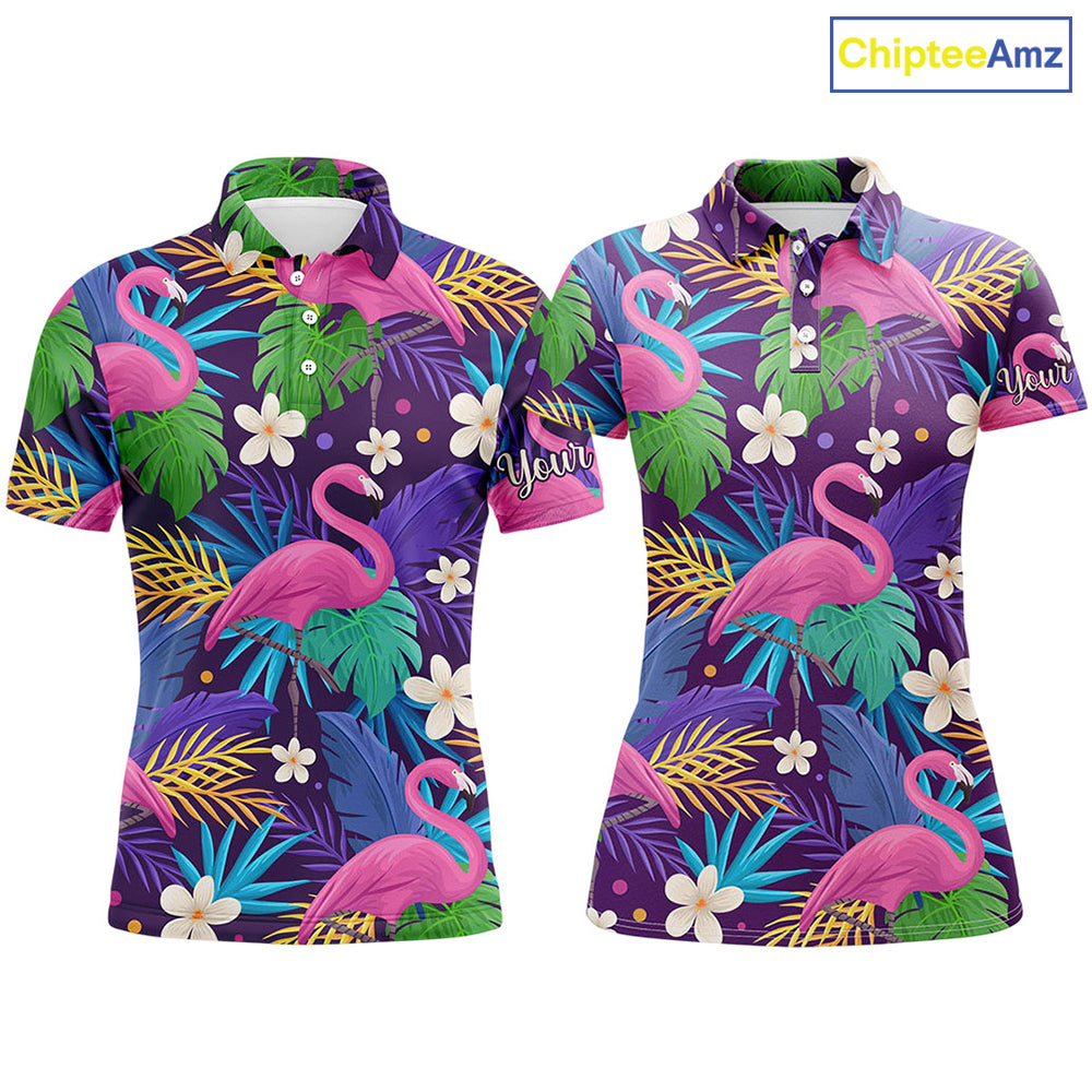Colorful floral flamingo pattern tropical leaves matching golf polos for couples Custom Valentine gift