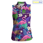 's sleeveless golf polo shirt floral flamingo pattern tropical leaves custom team golf shirts