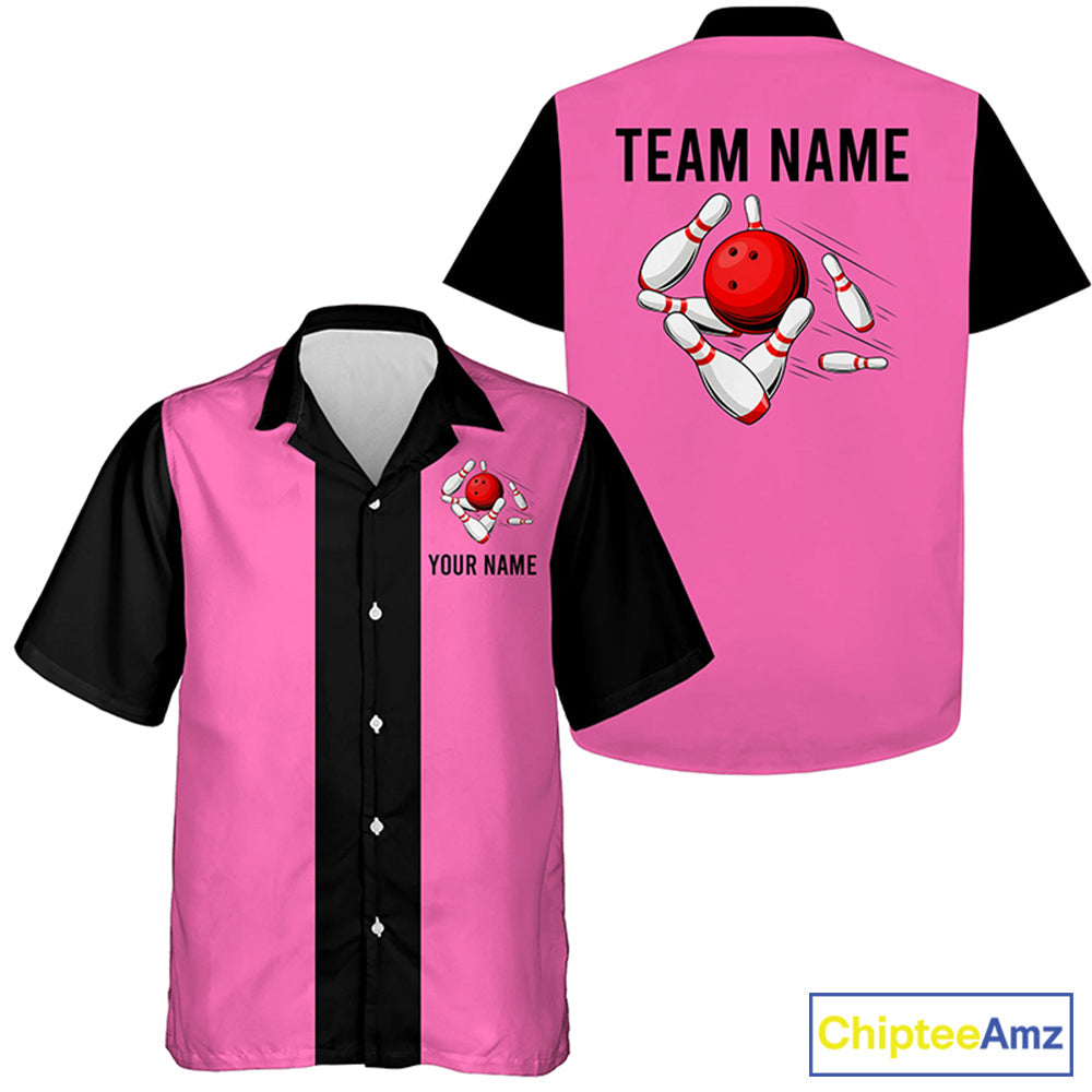 Personalized Pink Black Retro Bowling hawaiian shirts Custom vintage Team button up shirts