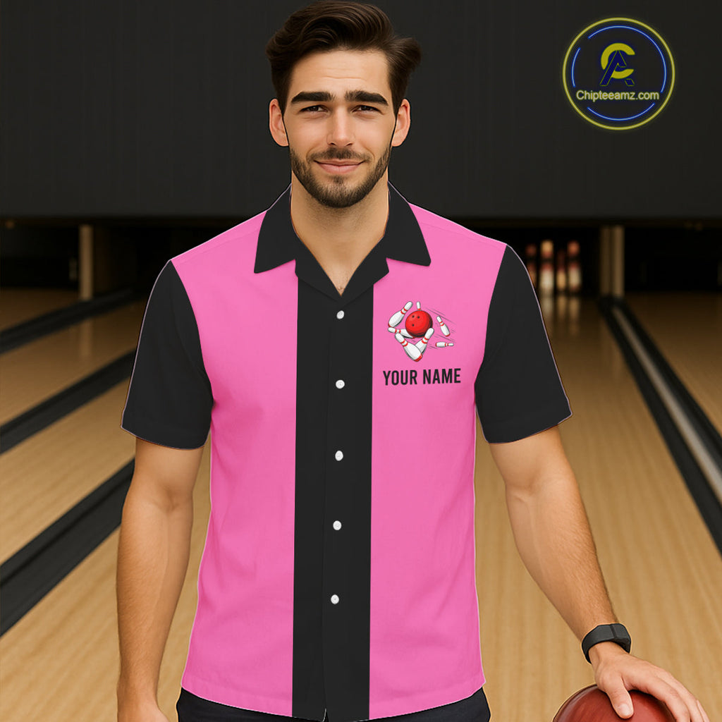 Personalized Pink Black Retro Bowling hawaiian shirts Custom vintage Team button up shirts