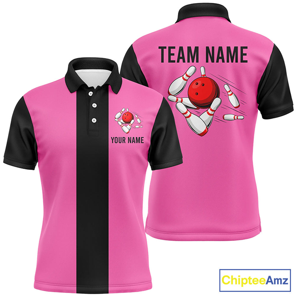 Personalized Pink Black Retro Bowling Polo Shirts custom vintage bowling team jerseys