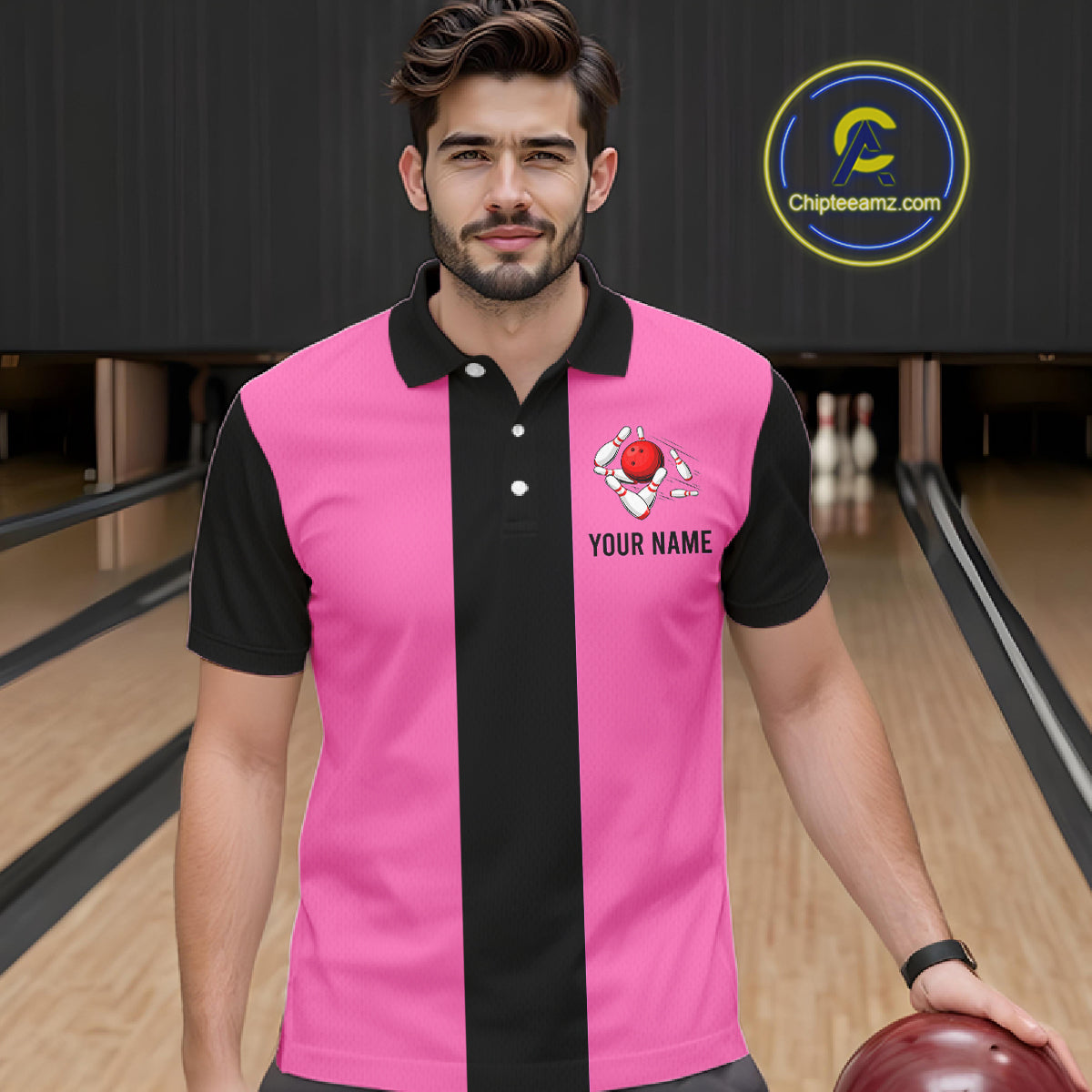 Personalized Pink Black Retro Bowling Polo Shirts custom vintage bowling team jerseys