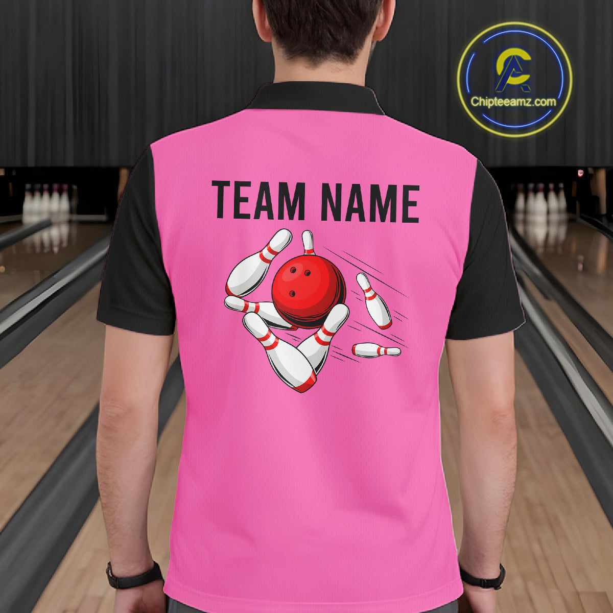Personalized Pink Black Retro Bowling Polo Shirts custom vintage bowling team jerseys