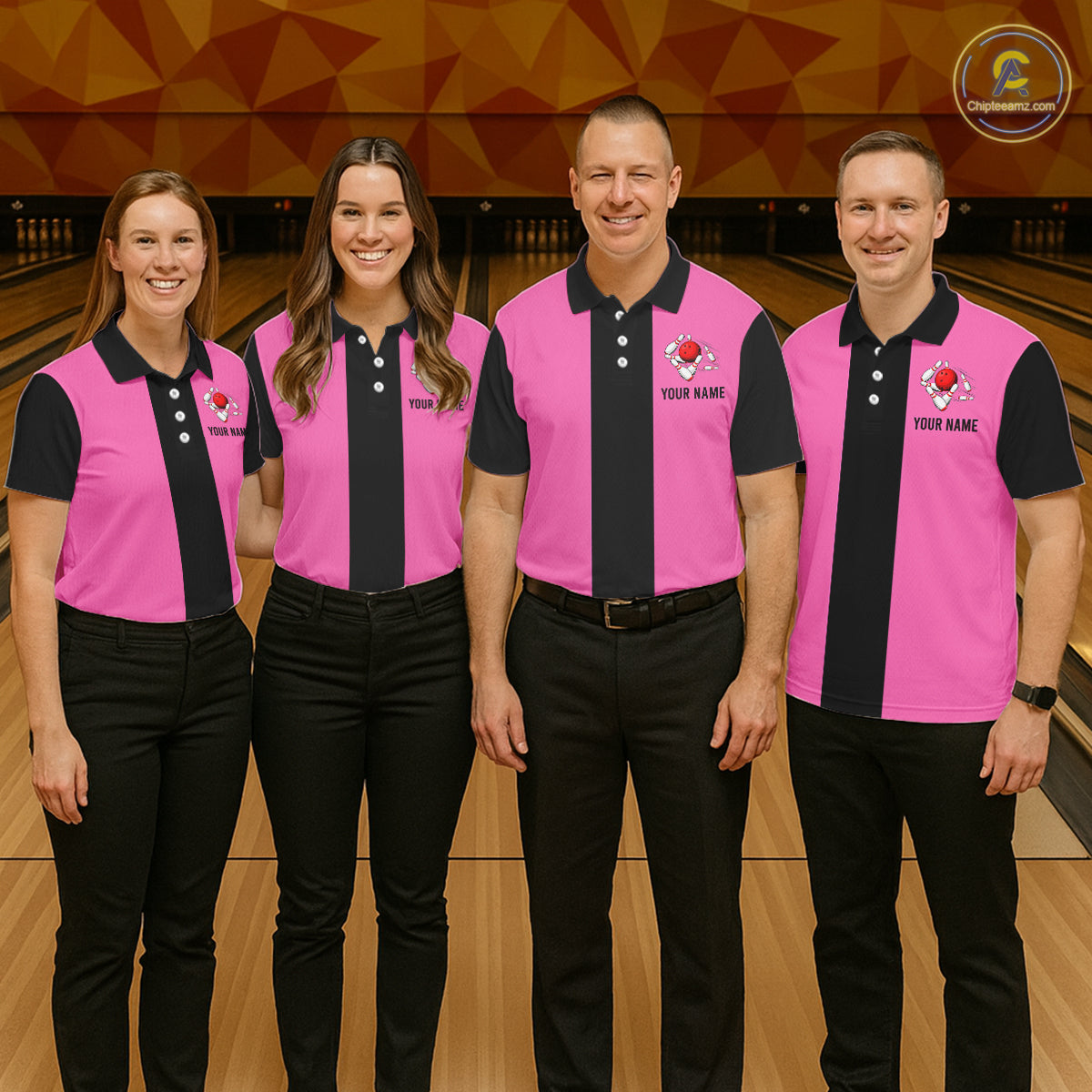 Personalized Pink Black Retro Bowling Polo Shirts custom vintage bowling team jerseys