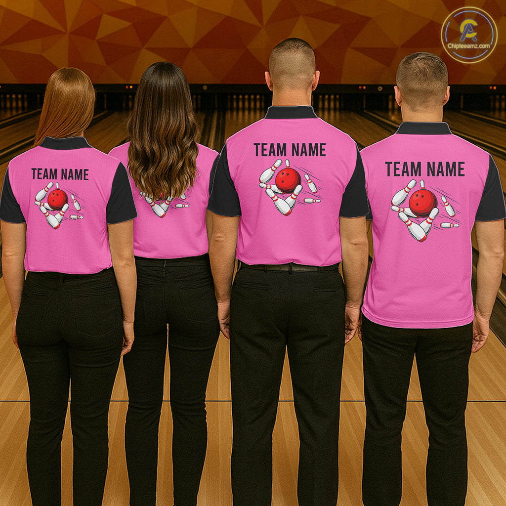 Personalized Pink Black Retro Bowling Polo Shirts custom vintage bowling team jerseys