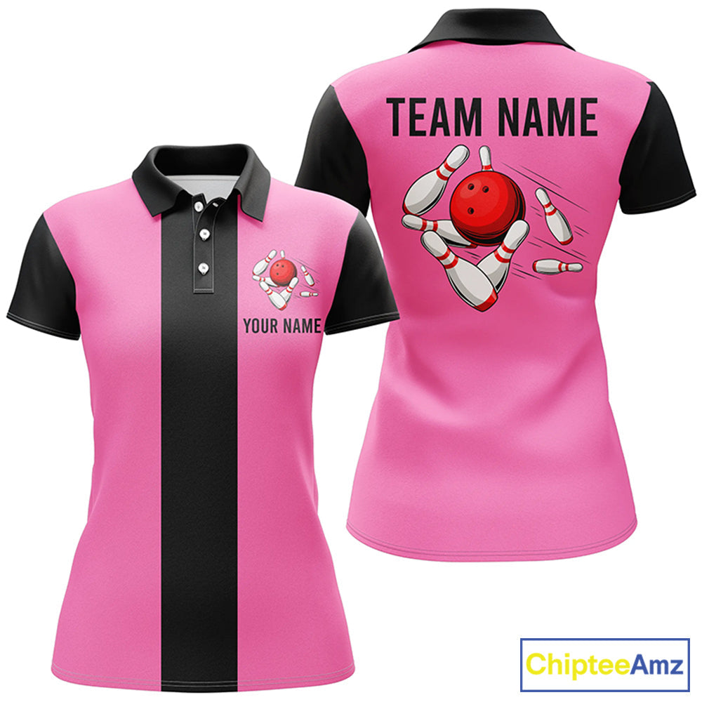 Personalized Pink Black Retro Bowling Polo shirt custom vintage bowling team jerseys