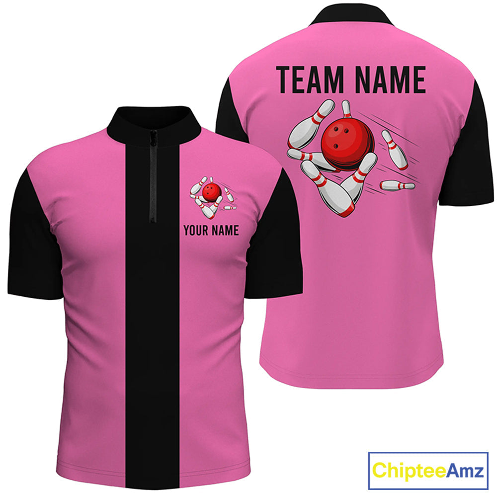 Personalized Pink Black Retro Bowling Quarter Zip shirt custom vintage bowling team jerseys
