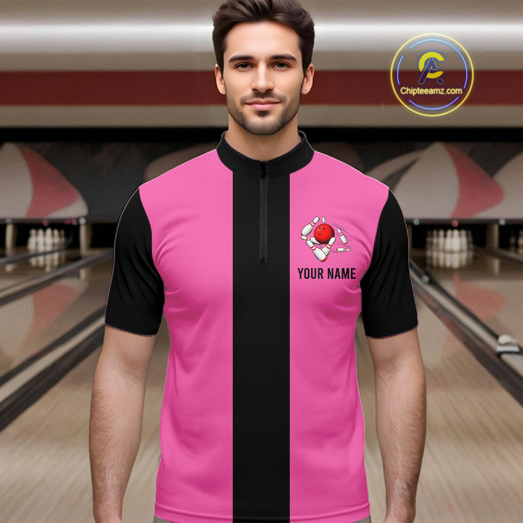 Personalized Pink Black Retro Bowling Quarter Zip shirt custom vintage bowling team jerseys