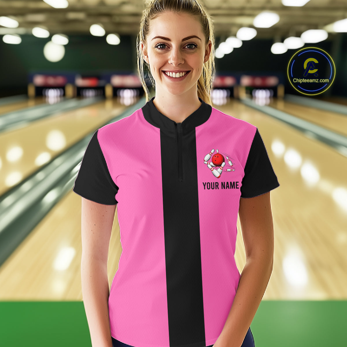 Personalized Pink Black Retro Bowling Quarter Zip shirt custom vintage bowling team jerseys