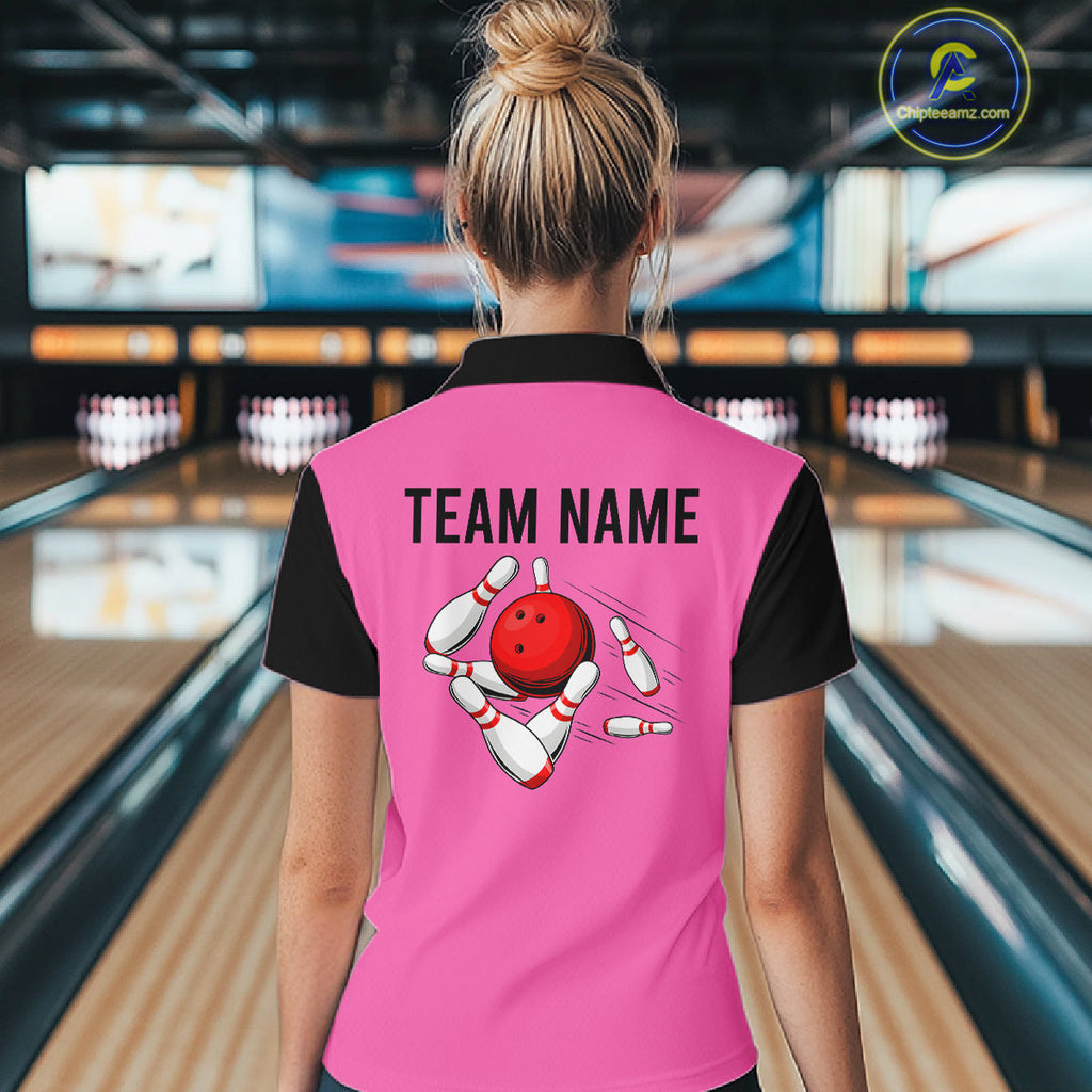 Personalized Pink Black Retro Bowling Quarter Zip shirt custom vintage bowling team jerseys