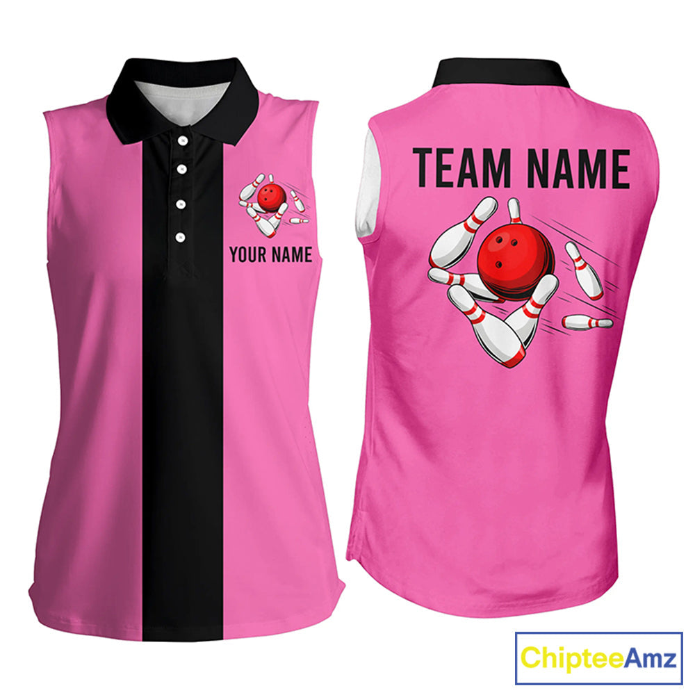 Personalized Pink Black Retro Bowling sleeveless polo shirt, vintage bowling team jerseys
