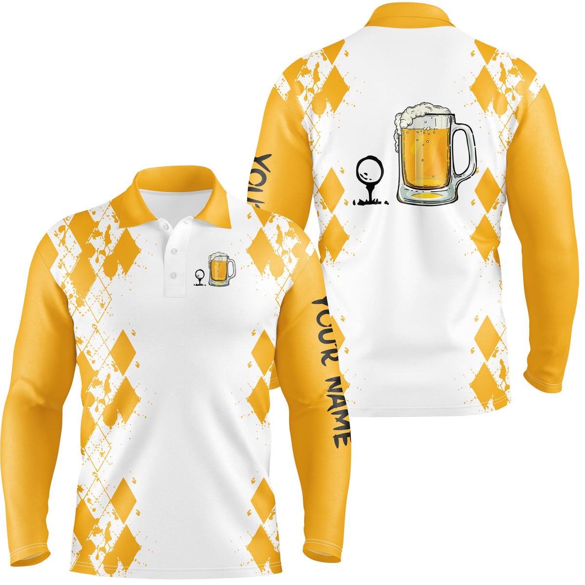 White Yellow golf polo shirt Golf & beer custom name golf gifts, dad