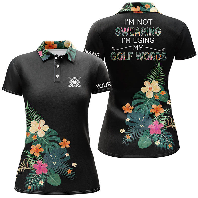 Black golf polo shirt custom name I am not swearing I'm using my golf words tropical plants