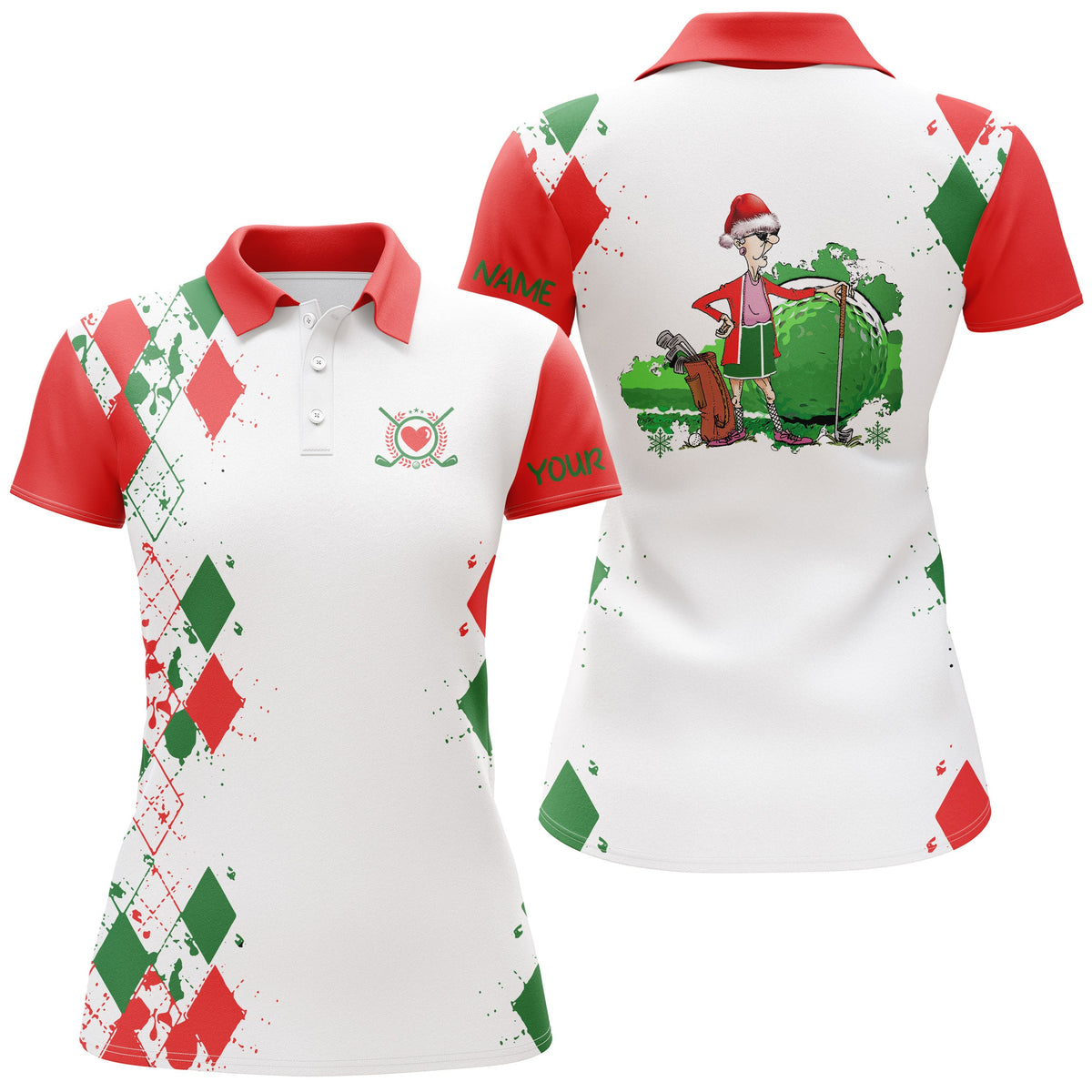 Funny Christmas argyle pattern white golf polo shirt custom Christmas golf gifts for grandma