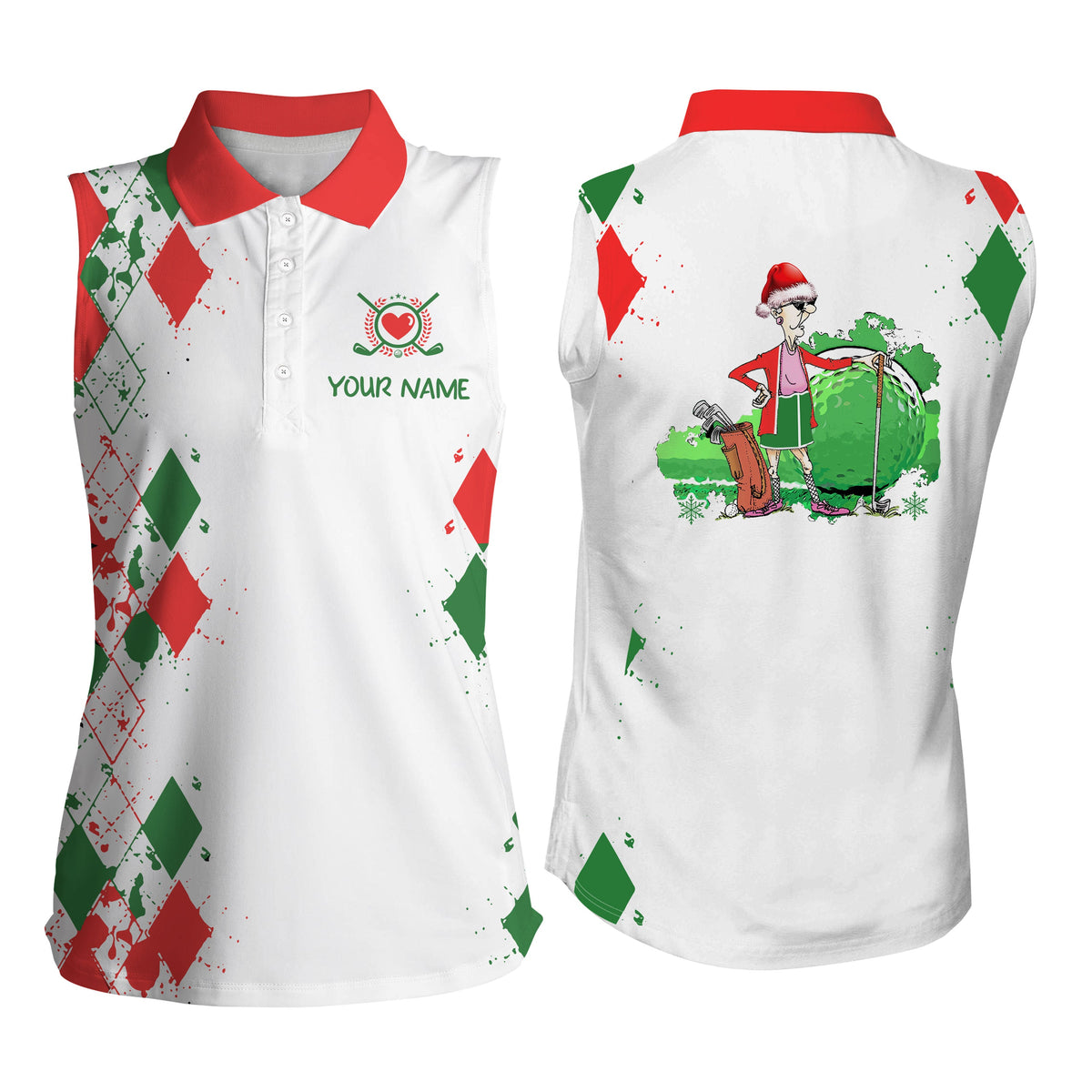 Funny Christmas argyle pattern white sleeveless polo shirts custom golf gifts for grandma