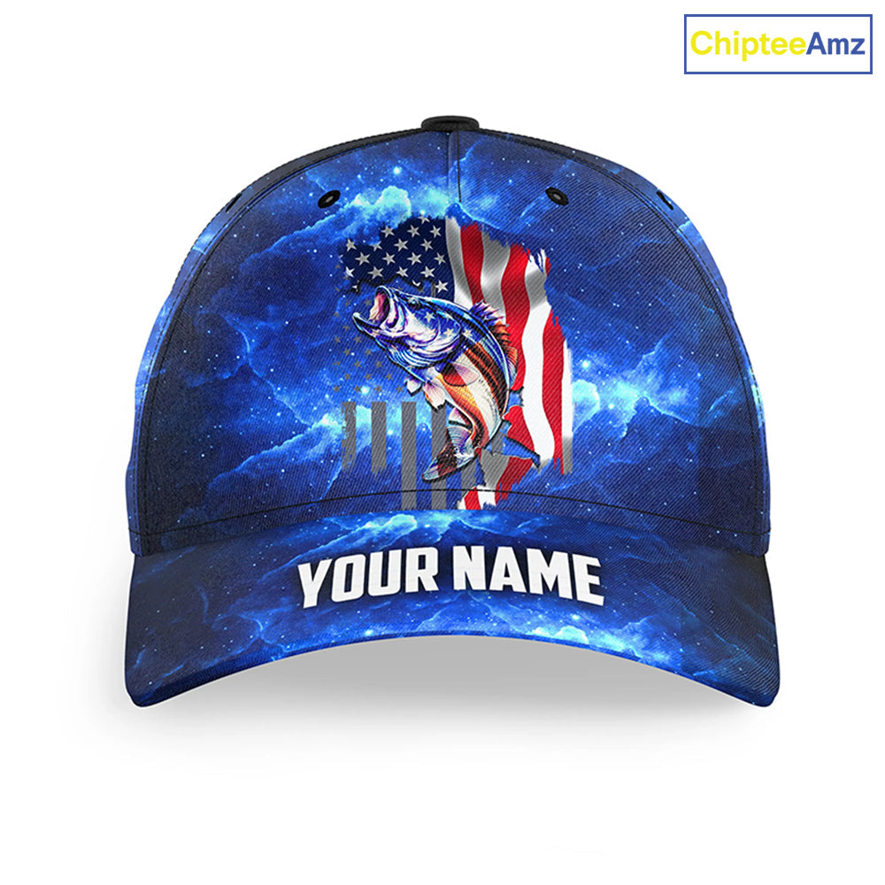 Bass Fishing American Flag patriotic blue galaxy Custom fishing hat Unisex Fishing Baseball Angler hat