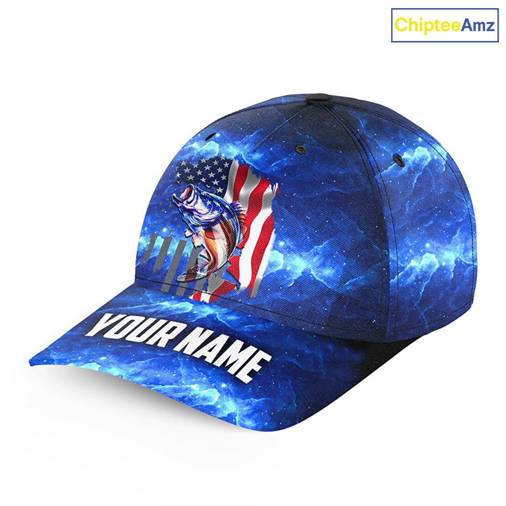 Bass Fishing American Flag patriotic blue galaxy Custom fishing hat Unisex Fishing Baseball Angler hat