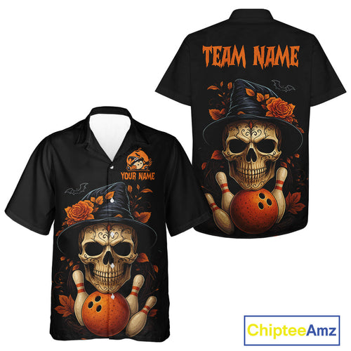 Black and Orange Skull Bowling Hawaiian Shirt Custom Halloween Bowling Team Button Up Shirt
