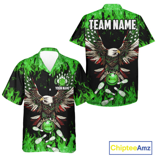 Green flame Hawaiian bowling shirts Custom American flag Eagle Team bowling shirts, gift for bowlers