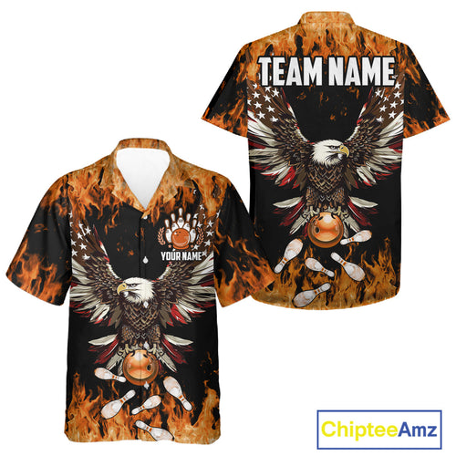 Orange flame Hawaiian bowling shirts Custom American flag Eagle Team bowling shirts, gift for bowlers