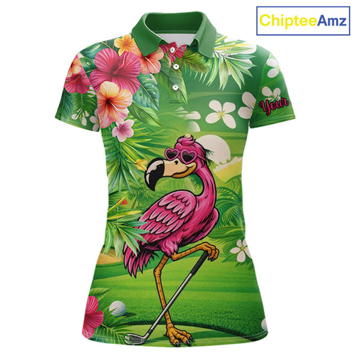 Personalized Green tropical flower flamingo golf polo shirt custom team golf shirts