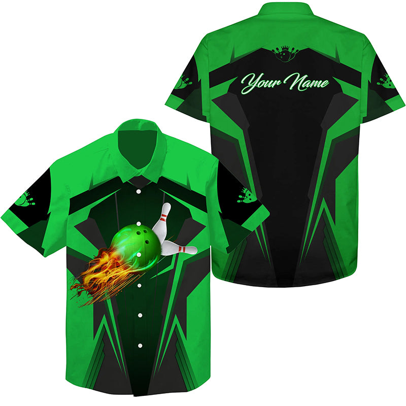 Personalized Hawaiian bowling shirts Flame Bowling Ball and Pins, bowling shirt bowlers