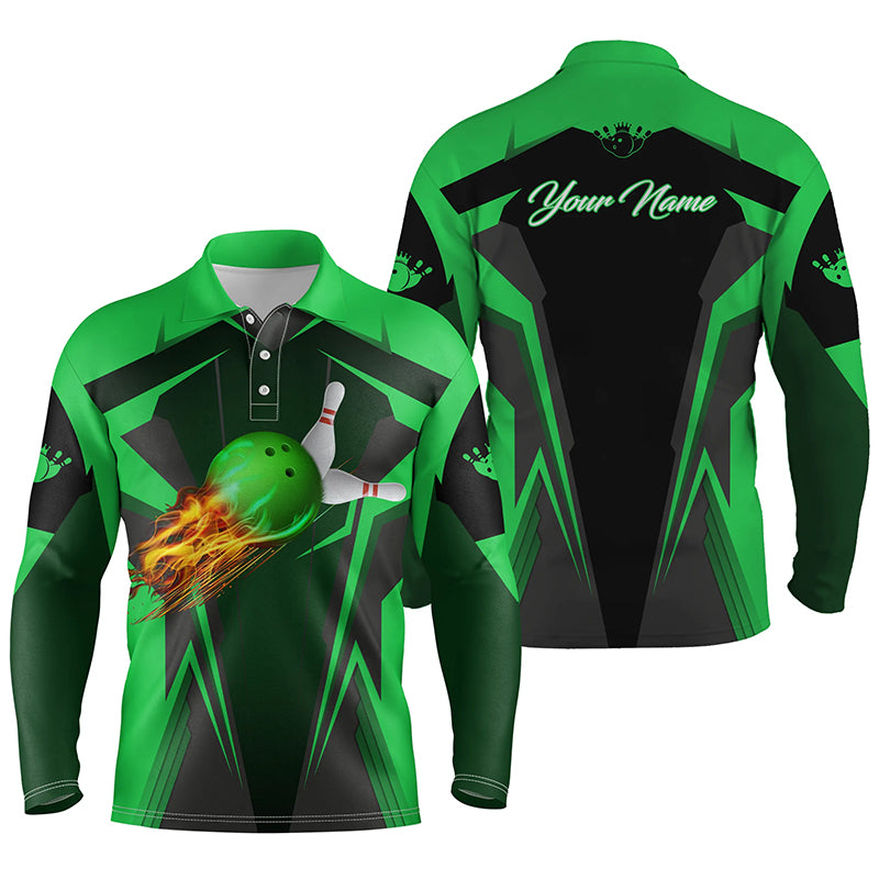 Personalized Bowling Polo Shirt Flame Bowling Ball and Pins, bowling polo bowlers