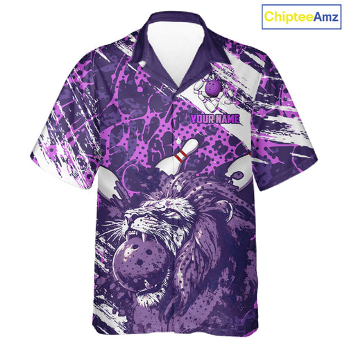 Purple Camo Lion Bowling Hawaiian Shirt Custom Lion Team Bowling Jerseys, Bowler Outfit