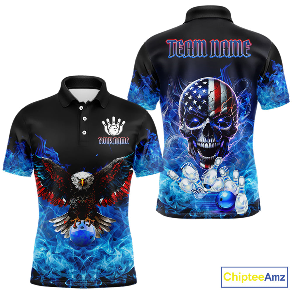 Blue Flame Smoke American Flag Eagle Skull Bowling Shirts Custom Patriotic Bowling Team Jersey